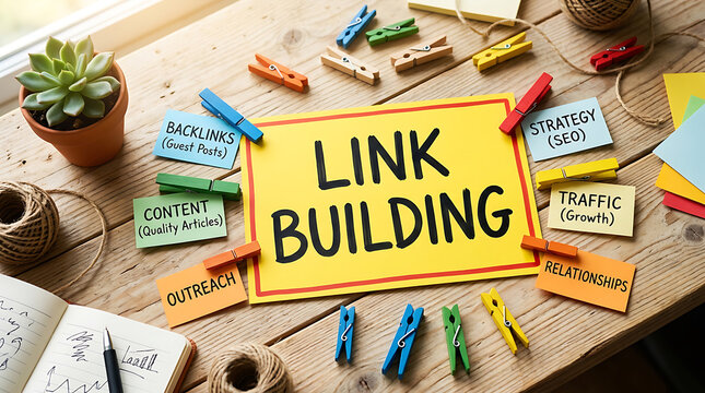 Link building concept with colorful notes and clips on wooden desk