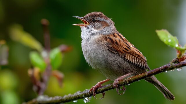 Nature moment: tiny passerine perched and chirping on a branch with warm sunlight