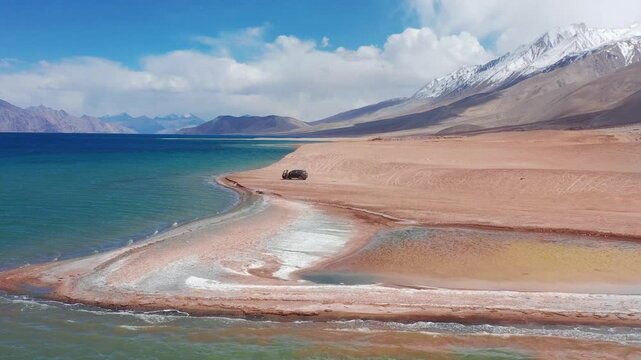 Aerial reveal of majestic blue Pangong Tso lake in Ladakh India