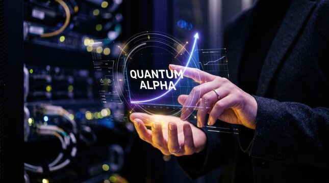 Person presenting quantum alpha technology with futuristic digital interface and data servers in background