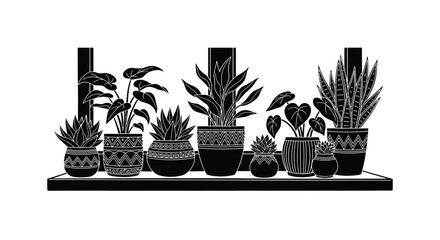 Black and white linear illustration of potted indoor plants on shelf © MHB_STUDIO