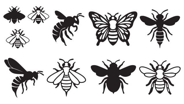 Honey bee silhouette vector set, black and white insect icons, 9 flying bumblebee and wasp graphic elements for logo design A collection of bee and wasp silhouettes, outlines, and icons. Perfect for n
