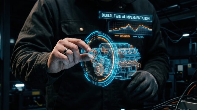 Innovative engineer using advanced holographic technology to interact with a detailed digital twin of an engine for improved implementation and analysis