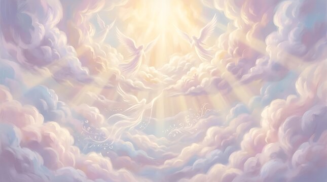 Ethereal Angels Flying in Heaven Clouds with Divine Light