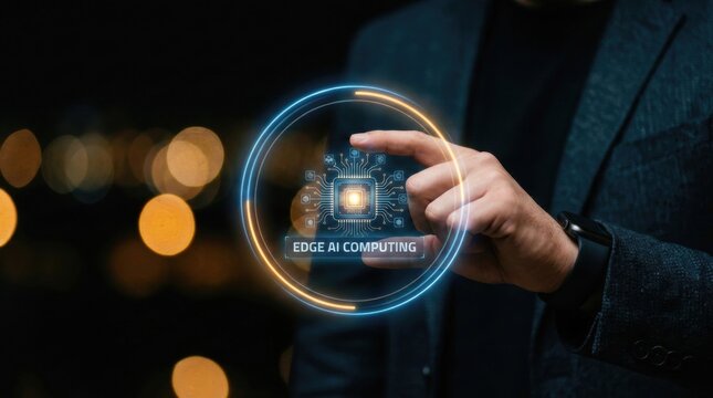 Futuristic edge AI computing concept with a glowing digital interface highlighting the processor and data flow