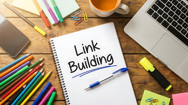 A notebook with link building text on a wooden desk with office supplies