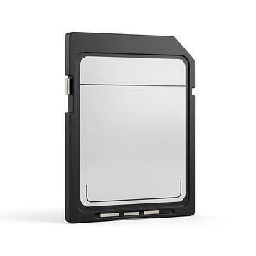 Close-up of a modern SD memory card with metallic contacts on a white background