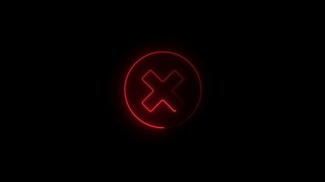 Animated Neon Red Glowing Cross Mark Error Icon on Black Background for Cancelled Process or Declined Access.