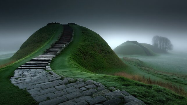 Misty Hill with Stone Steps and Green Path