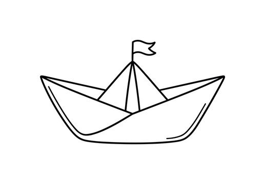 Paper boat with a small flag at the top of its central triangular fold, minimalist elegant black line art illustration, isolated