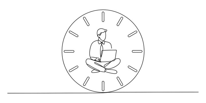 Businessman working on laptop inside a clock face continuous line drawing