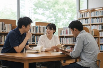 Fototapeta premium 図書館のテーブルで本を囲む三人の学習時間