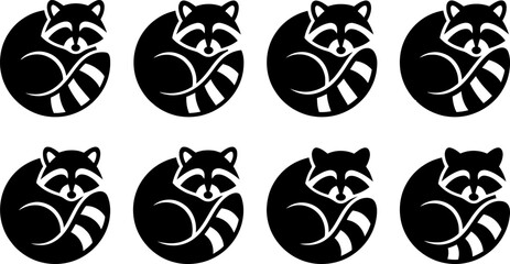 Minimalist black circular raccoon silhouette icons set isolated on white background for modern animal branding © Vecto_Pixels