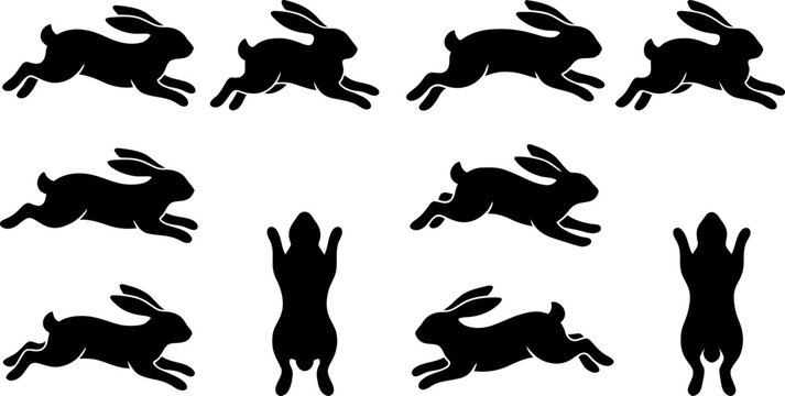 Dynamic collection of black rabbit silhouettes in jumping and standing poses for versatile graphic design elements