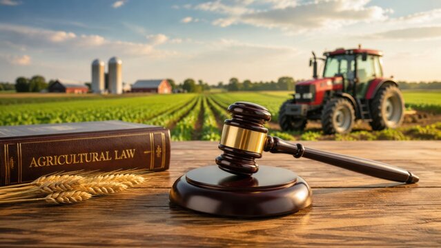 Gavel and law book on wooden table with farm field