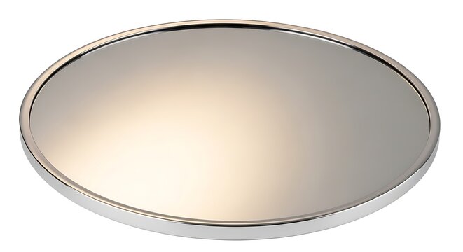 Close-up of a reflective round mirror with a sleek modern frame on a neutral background