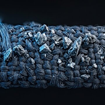 Creative Close-up of woven fabric with crystals, blue and silver threads, textured material, decorative weave pattern 2k