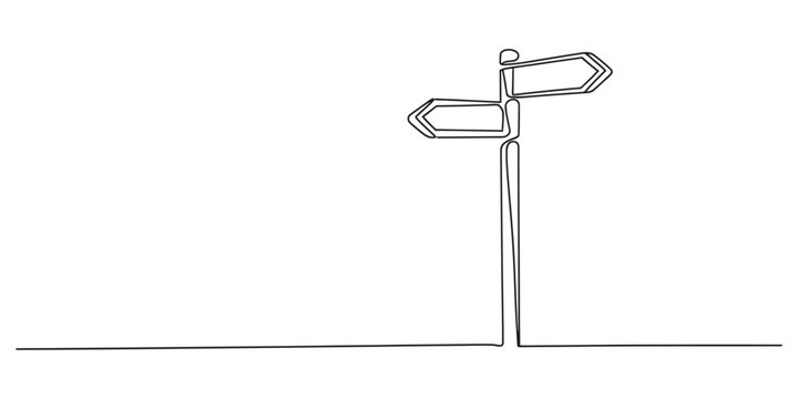 One continuous line drawing of a simple wooden signpost with two arrows