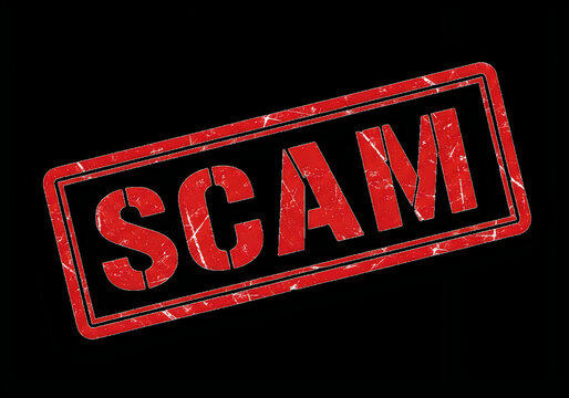 Red scam stamp on black background