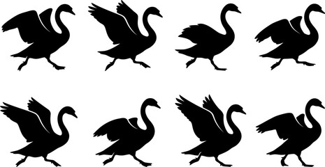 Set of eight black silhouette illustrations of geese in various walking and flapping wing positions © Vecto_Pixels