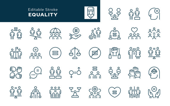 Equality outline icons set. Gender equality, equal rights, justice, equal position, status and value. Line icon in linear style. Vector collection	
