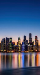 Fototapeta premium Modern coastal metropolis skyline viewed across calm tropical water at twilight with towering glass structures and vibrant evening lights, destination, shore, bay