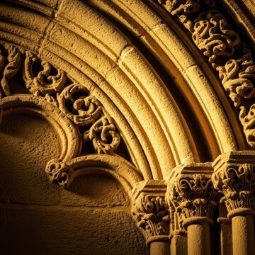 Ornate gold-colored sandstone architecture detail on a historic European facade, highlighting intricate carvings and ancient craftsmanship, historical, Sandstone, stone