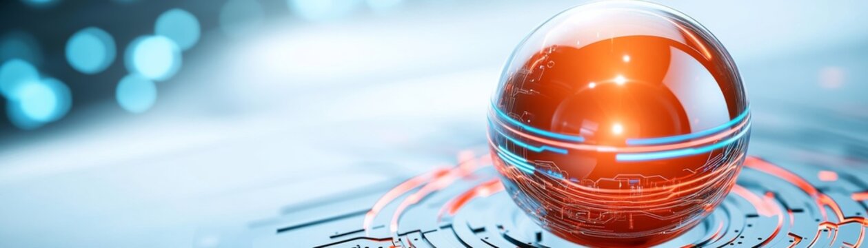Central vivid red-orange glowing data orb with blue circuit patterns on a futuristic tech base, symbolizing AI, digital innovation and global connection against bokeh. Technology,