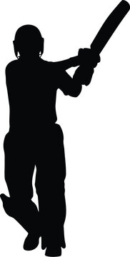 Black silhouette of a cricket player swinging a bat to hit a ball during a professional match game