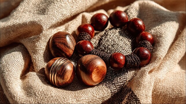Rustic Wooden Bead Bracelet and Shell Beads on Linen Cloth