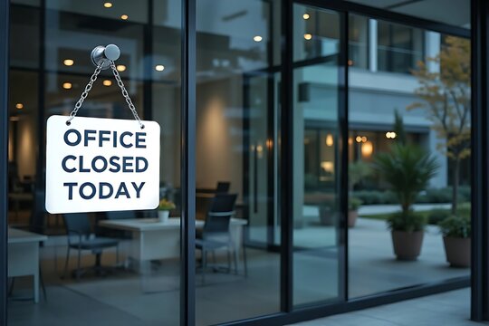 White Closed sign with black text read "OFFICE CLOSED TODAY" hangs from small chains on the glass window of a modern front office building entrance