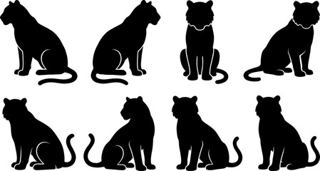Detailed black panther silhouette collection featuring multiple sitting positions on a white background © Vecto_Pixels
