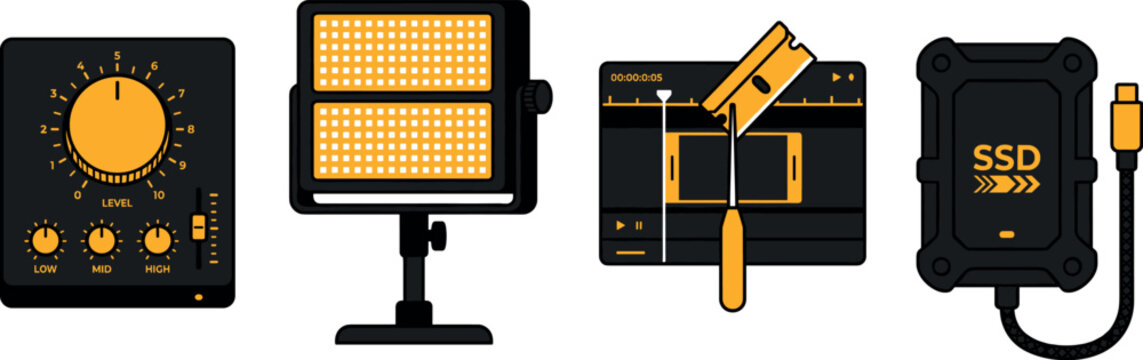 Audio level controller lighting rig video editing timeline and external SSD storage device on transparent background.