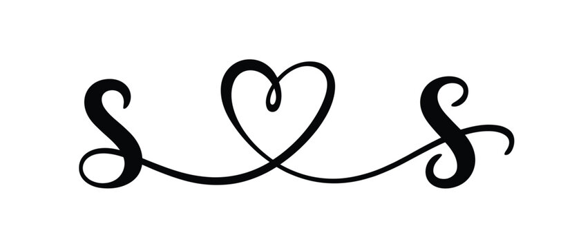 Elegant lowercase letter s monogram joined by calligraphic heart flourish, romantic wedding initial design for luxury couples branding