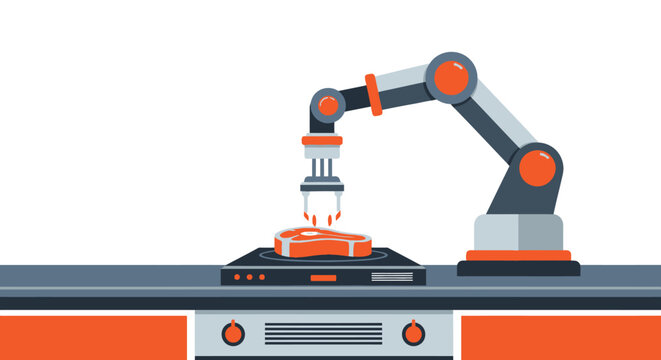 Automated Robotic Chef Arm Cooking Steak on Induction Stove - Future Food Technology and Kitchen Automation Concept Vector Illustration