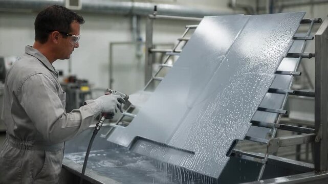 Medium shot of conversion coating application where metal surfaces receive a protective chemical layer to improve paint adhesion and durability