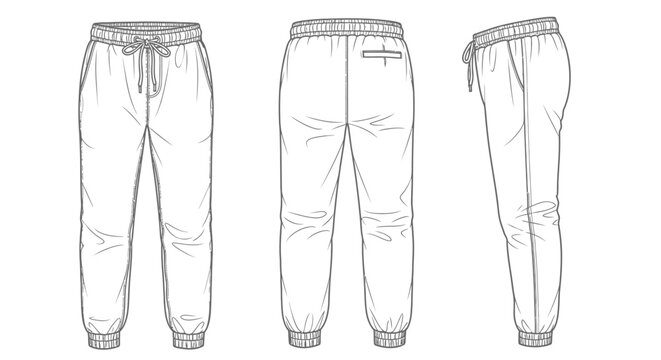 Technical fashion illustration of women's jogger pants front back and side views