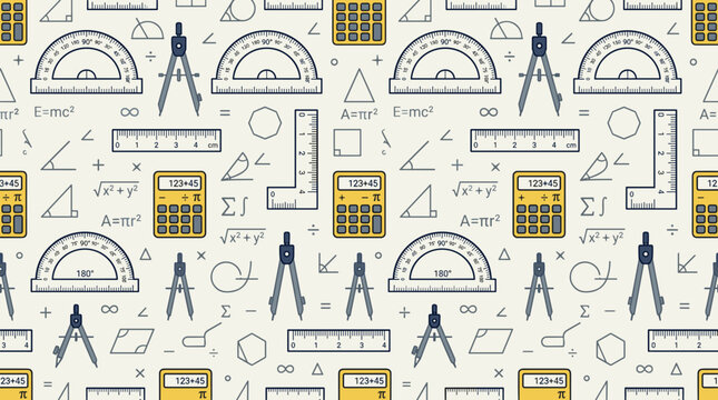 Mathematics learning tools and geometric icons arranged in a seamless repeating pattern for educational branding and wallpapers.