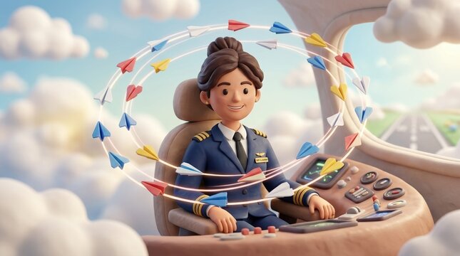 Professional pilot with floating miniature paper planes in a whimsical circular orbit. Luxury 3D claymorphism render, rounded