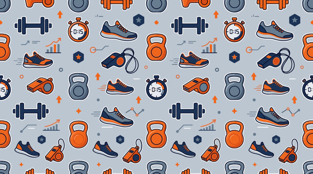 Sports training equipment and athletic icons arranged in a seamless repeating pattern for fitness branding and wallpapers.