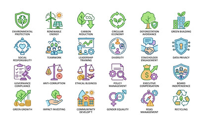 Obraz premium ESG colored outline icon set featuring environment social governance sustainability and ecology symbols for corporate reporting