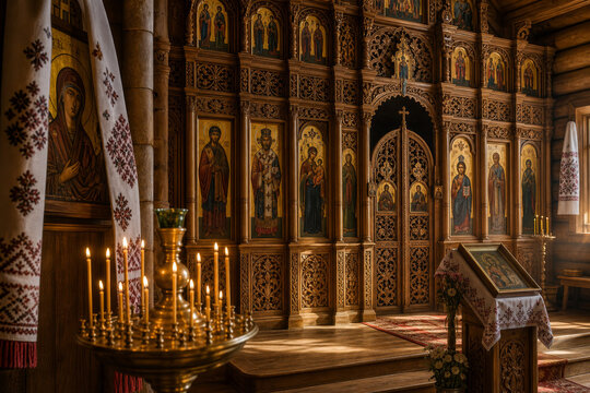 Traditional Ukrainian wooden church interior with ornate iconostasis and lit candles