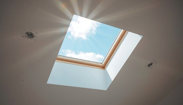 Sunlight streams brightly through a modern skylight onto a ceiling, illuminating the blue sky and clouds visible through the glass.