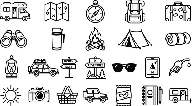 Road Trip Camping Adventure Outdoor Travel Elements Line Vector Set
