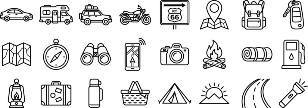 Road Trip Camping Adventure Outdoor Travel Elements Line Vector Set