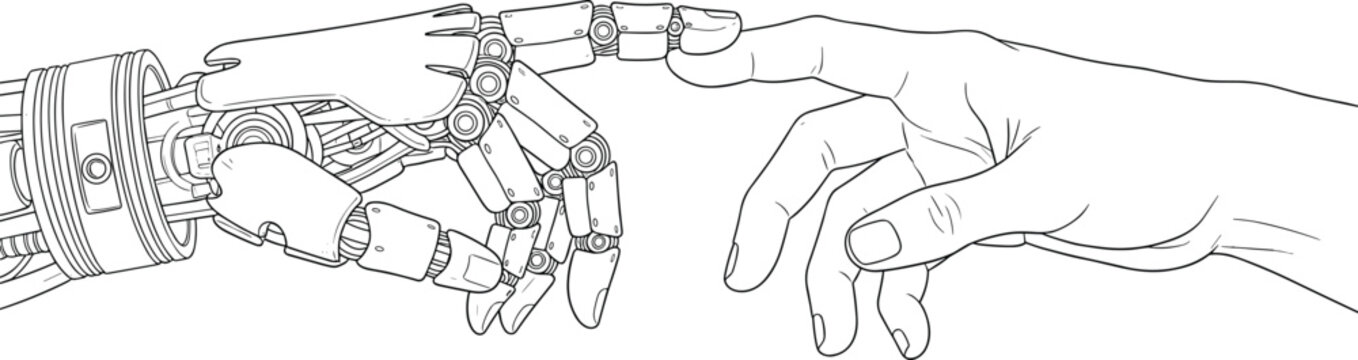Human and robot hand touching fingers line art icon.  AI robot finger and human finger making contact, isolated.