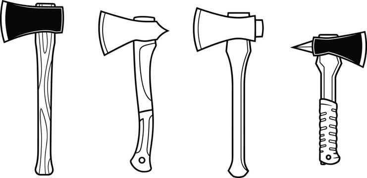 Set of axe silhouettes with various hatchet and battle axe designs. axe illustrations, hatchet&nbsp;black and white vector