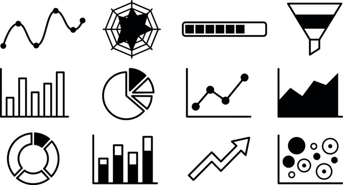 Business Infographic Elements and Financial Chart Icon Set with Bar Graphs, Line Diagrams, Pie Charts, Funnel, and Analytics Progress Bars for Data Presentation Designs