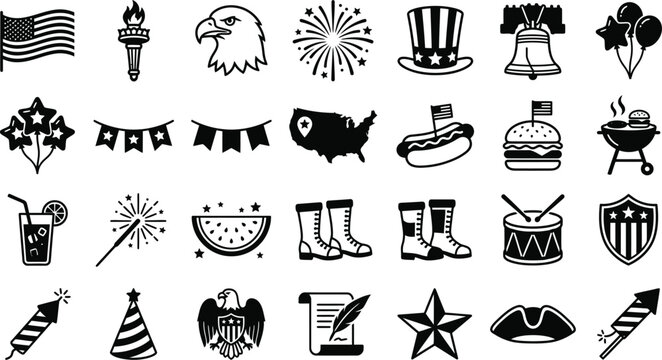 USA 4th of July Independence Day Celebration Glyph Vector Set