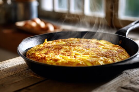 Warm-toned skillet image showing a Spanish omelette ready to serve